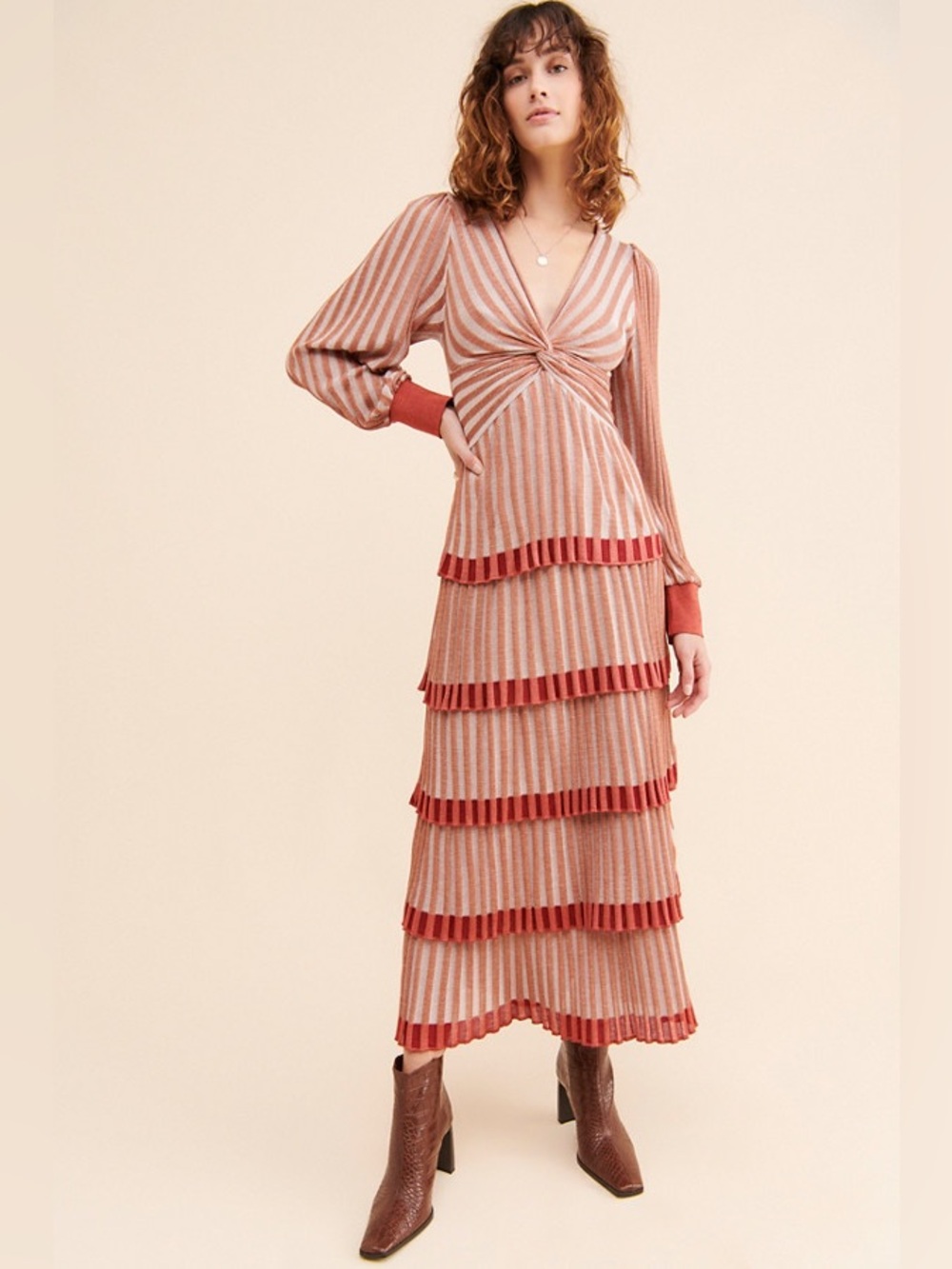 Cecilia Prado Brazil Terracotta Striped Twist-Front Tiered Knit Dress - Size MP